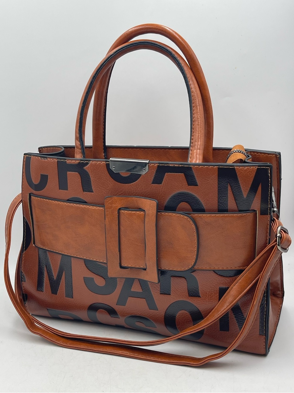 Cognac Satchel Tote Handbag w/ Black Graphic Letters & Detachable Shoulder Strap